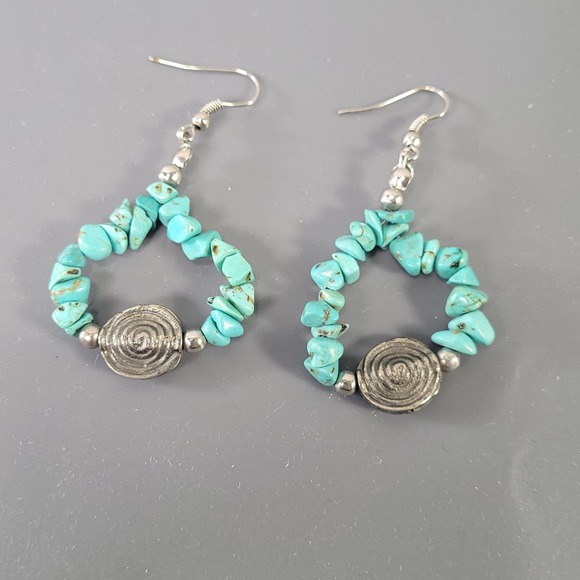 Jewelry - Turquoise‎ Chip Teardrop Hoop Earrings Silver Tone Spiral Bead Boho Southwestern